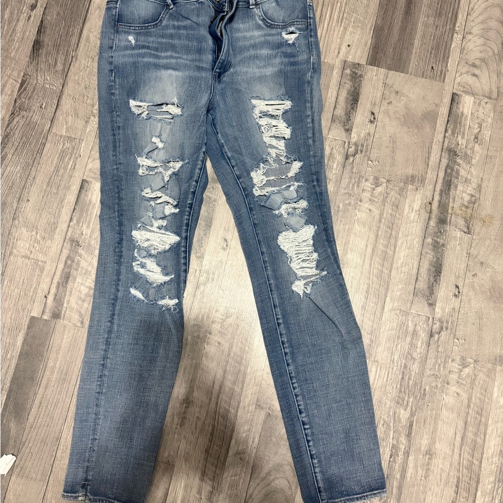 American Eagle Outfitters Blue Skinny Jeans with Distressed Details